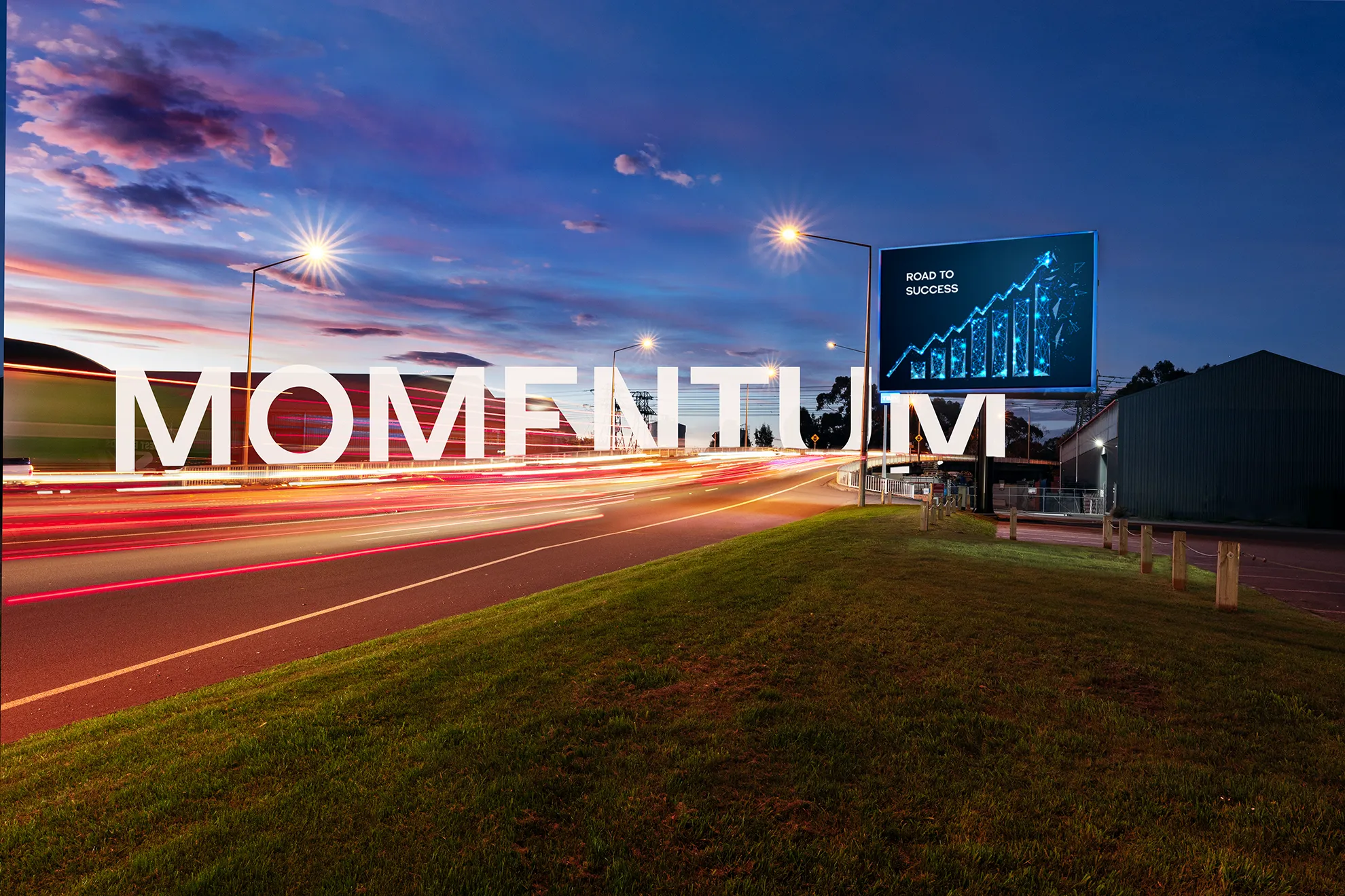 Timelapse of busy over-bridge at night in Christchurch NZ - car lights streaking, street lights lit up, billboard with the words Momentum in white and a bar graph showing upward growth. The word Advertise is in white across the over-bridge.